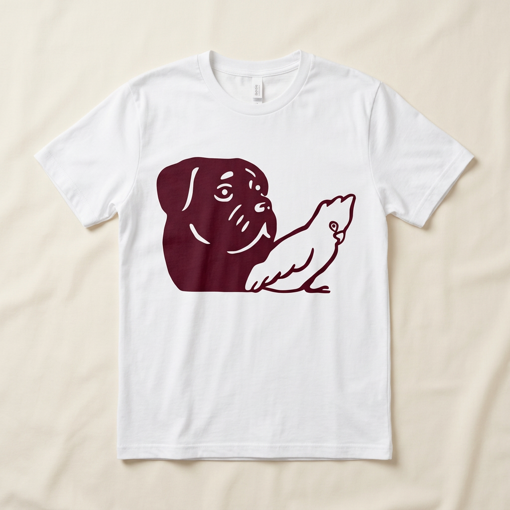 Vit t-shirt med Teds Djuraffärs märke – en hund och en papegoja i burgunder.